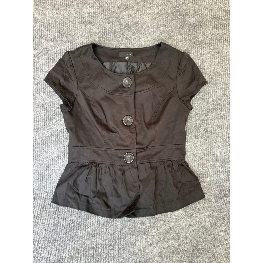 Zinc Black Peplum Top Cap Sleeve Button Front Tailored Blouse Womens Size M